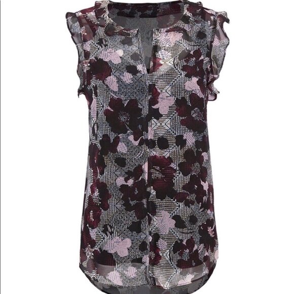 Cabi XS Floral V Neck Blouse Top Chiffon Sheer 3618 Weaver Sleeveless Flutter - Picture 3 of 9